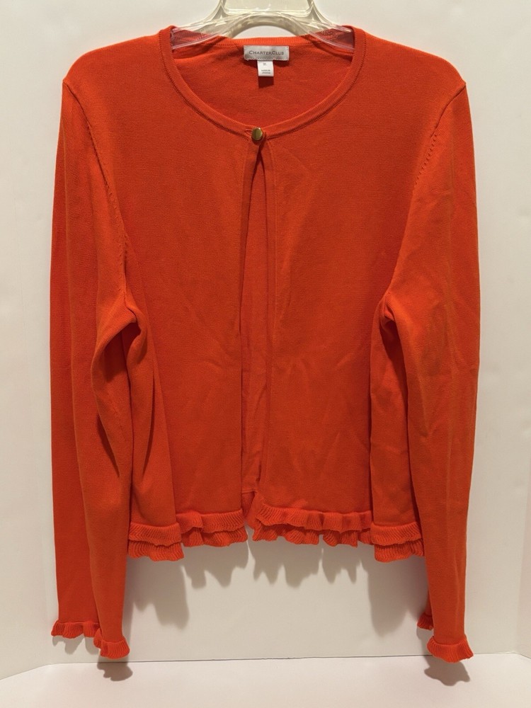 CHARTER CLUB Women's tangerine open sweater ruffled hem button closure size XL