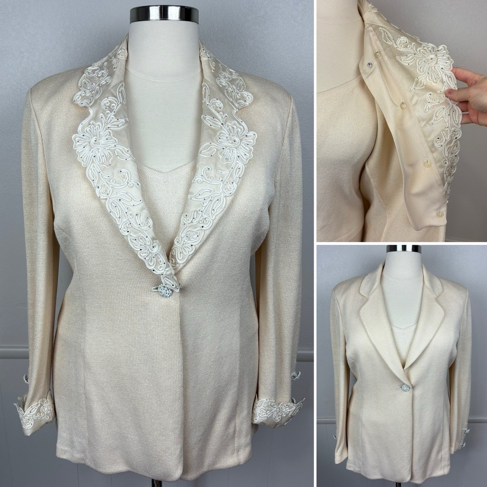 St. John Evening Marie Gray 2 Pc Jacket & Shell Sz 14 Santana Knit Embellished
