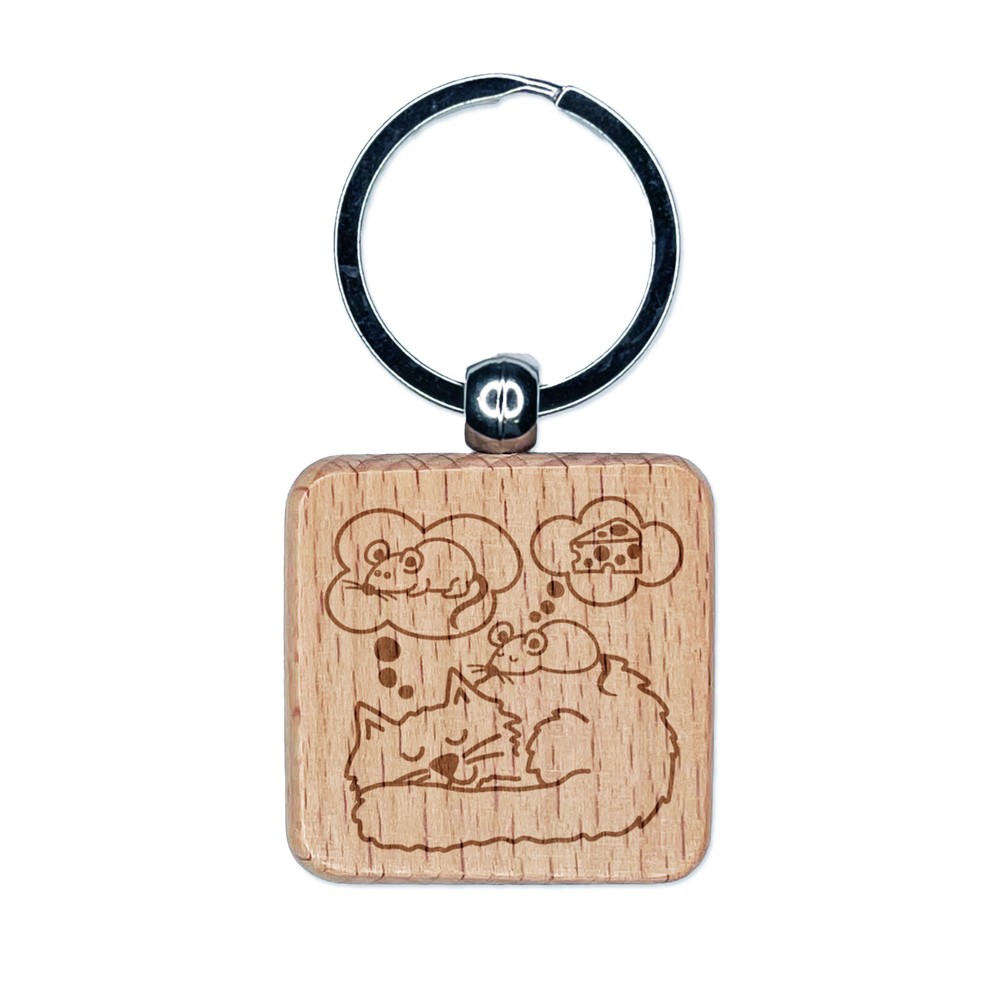 Sleeping Cat and Mouse Engraved Wooden Keychain Charm