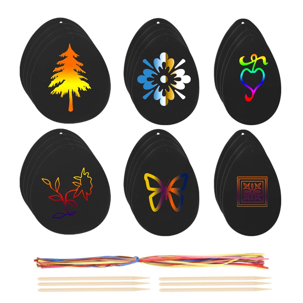 36Pcs Scratch Art Set, Rainbow Scratch Paper Easter with Ribbon Wooden Sticks