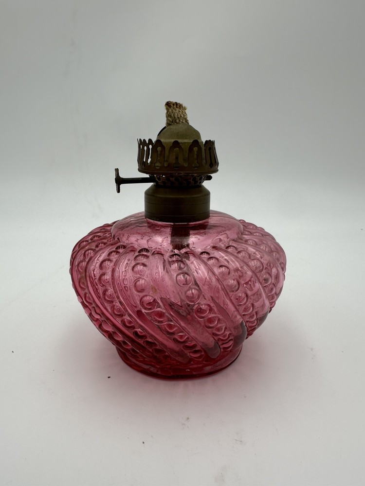 ANTIQUE CRANBERRY STAINED BEADED SWIRL KEROSENE LAMP BASE WITH BRASS BURNER