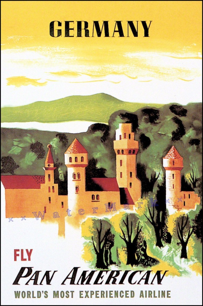 1948 Germany Fly Pan Am Travel Poster Print - European Castles Tourism