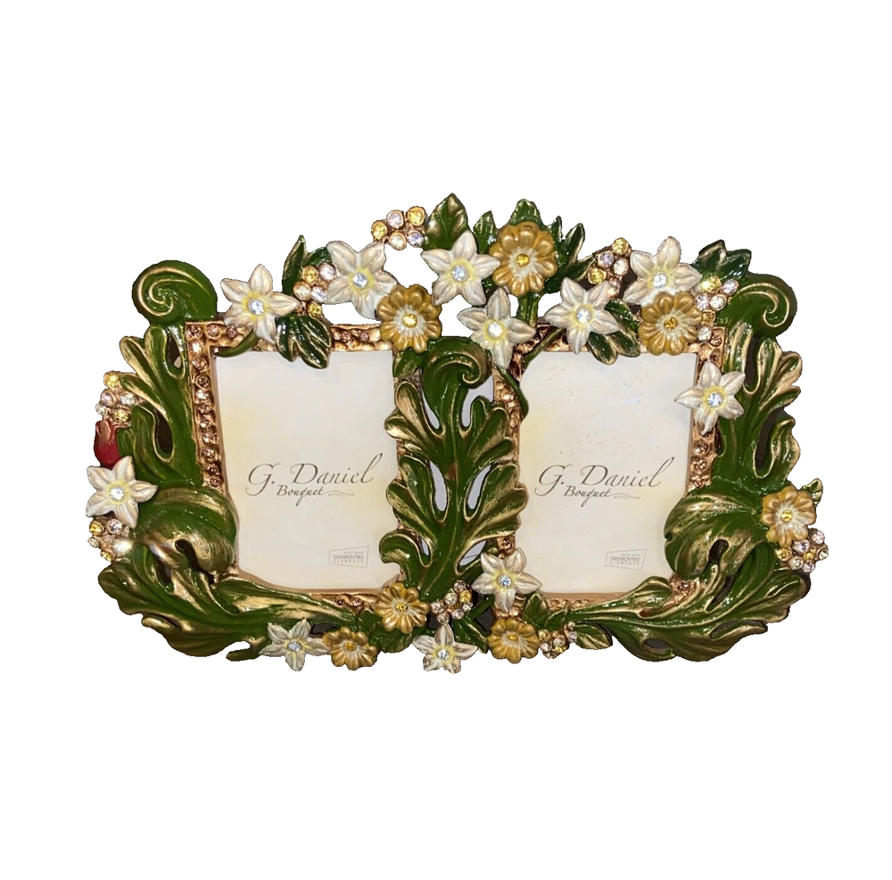 Swarovski Crystal Embellished G. Daniel Bouquet Double Photo Frame Handmade Metal-image