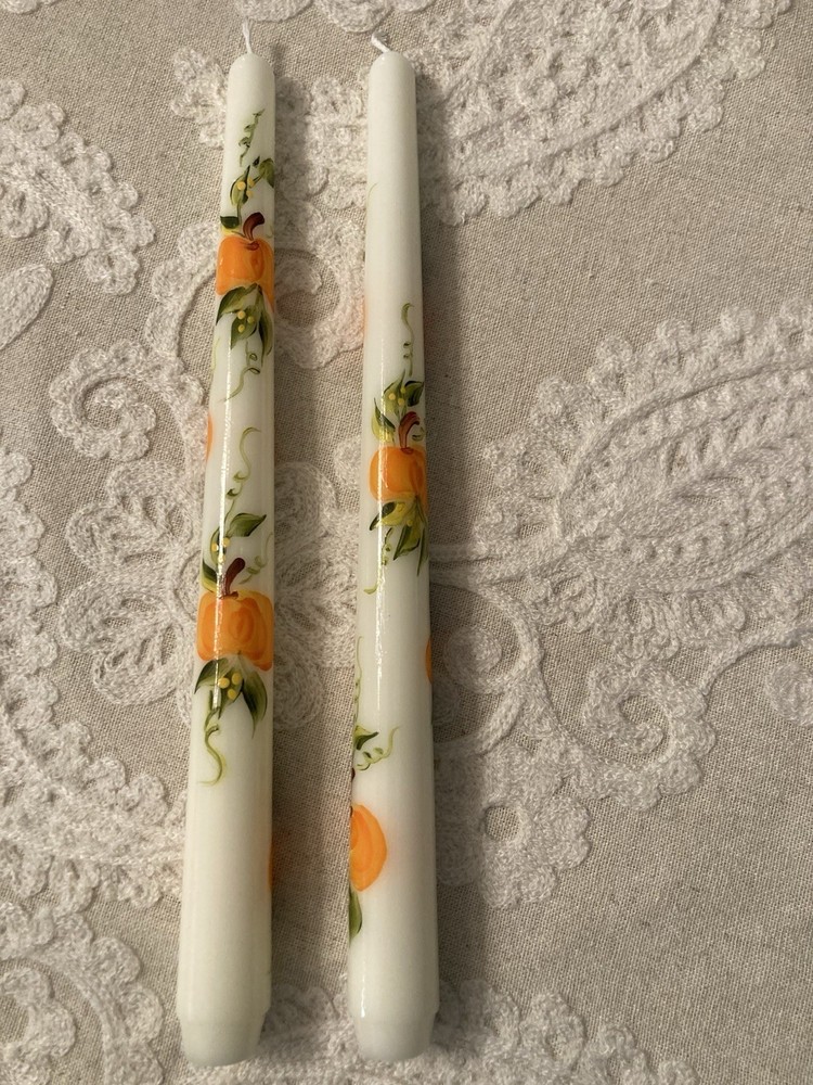 Hand Painted 10 Inch Unscented Pumpkin Taper Candles Set of 2