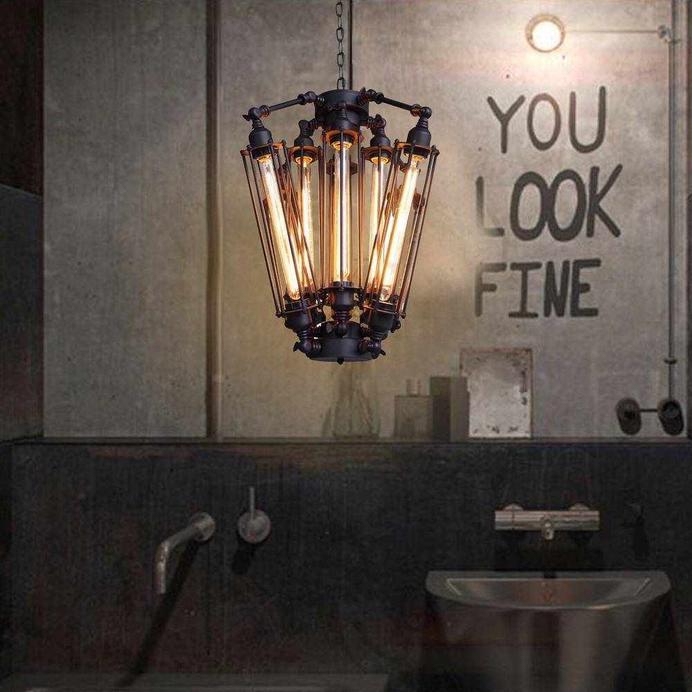 Vintage Industrial LED Chandelier Steampunk Cage Pendant Light Loft Ceiling Lamp