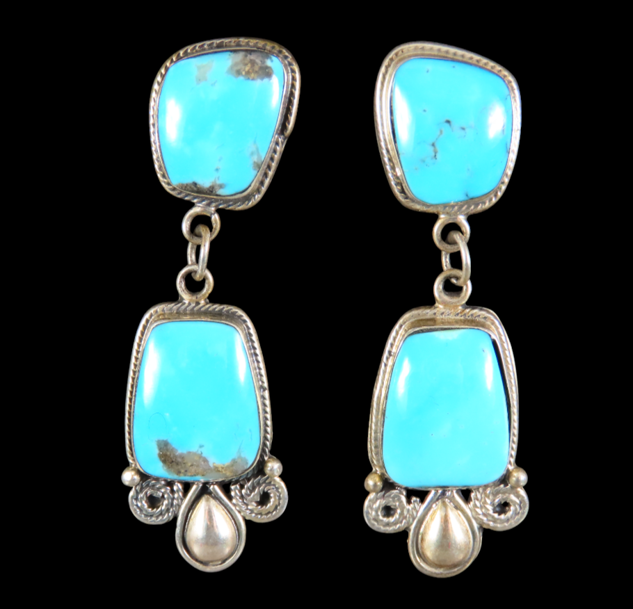 RUNNING BEAR Sterling Silver Navajo DANGLE EARRINGS Blue Turquoise SCROLL TRIM