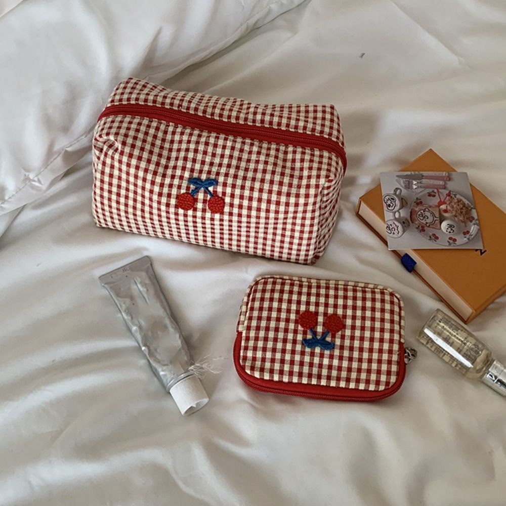 Cherry Cosmetic Bag Plaid Makeup Bag Storage Bag Toiletry Organizer Bag
