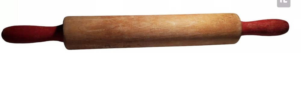 18-inch Rustic Wooden Rolling Pin with Red Handles for Farmhouse Kitchen Decor  