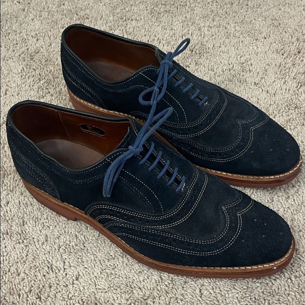 Allen Edmonds Neumok navy blue suede leather wingtip oxford dress shoes 10.5 D