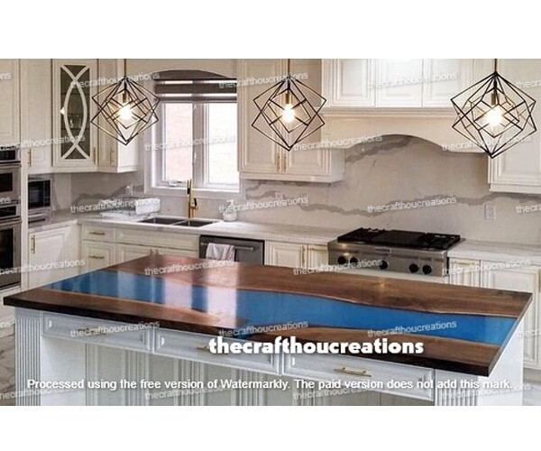 Blue Epoxy Kitchen Counter Top Wooden River Epoxy Bar & Dining Counter Slab Deco