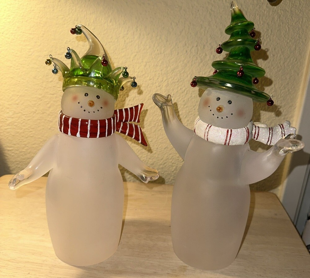 2 Frosted Glass Acrylic Christmas Jester & Christmas Tree Snowman Fun Hat  Decor