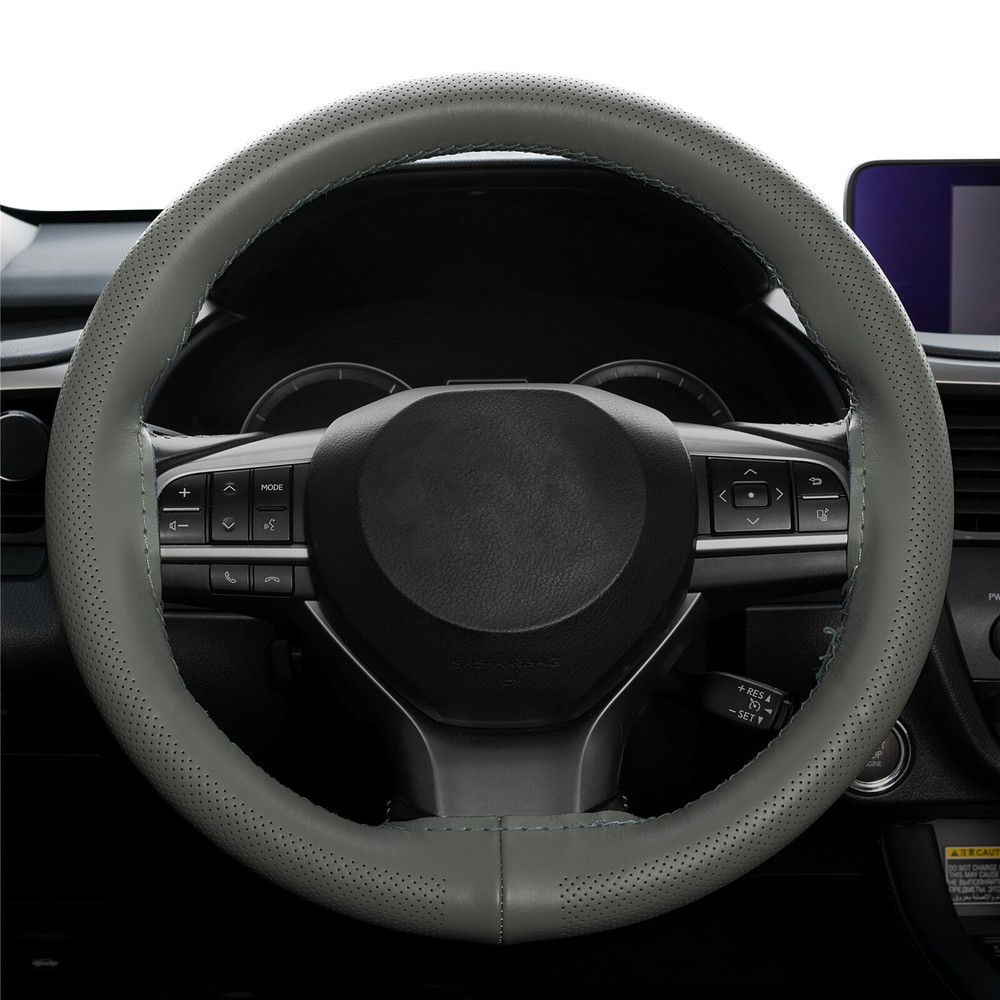 38cm 15 Inch DIY Grey Leather Steering Wheel Cover Breathable Anti-Slip