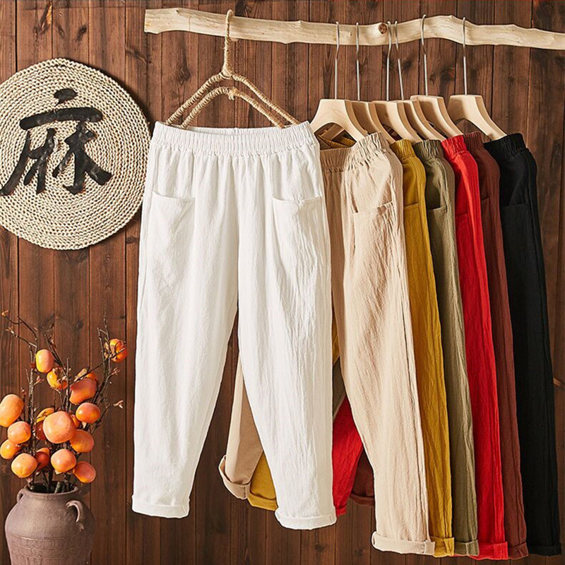 ❀Women Elastic Waist Cotton Linen Harem Pants Ladies Casual Baggy Solid Trousers
