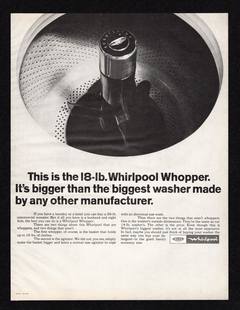 1967 Whirlpool Whopper Biggest Washer 18 Pound Agitator Giant Family Print Ad