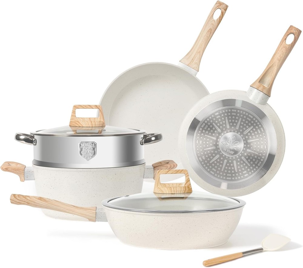 8 pcs Pots and Pans Set Non Stick Kitchen Cookware Sets 8 Pieces, White