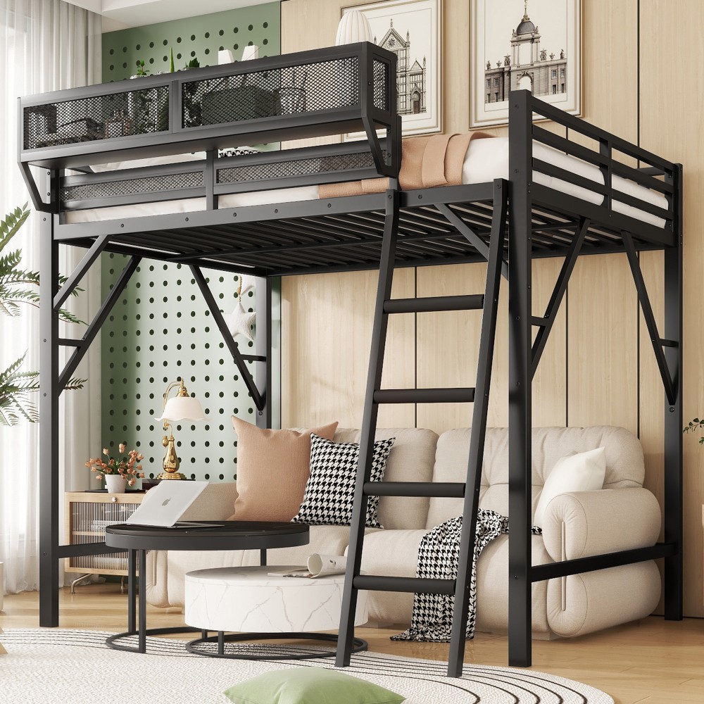Queen Size Loft Bed with Ladder, Metal Queen Loft Bed with Storage Shelves Black