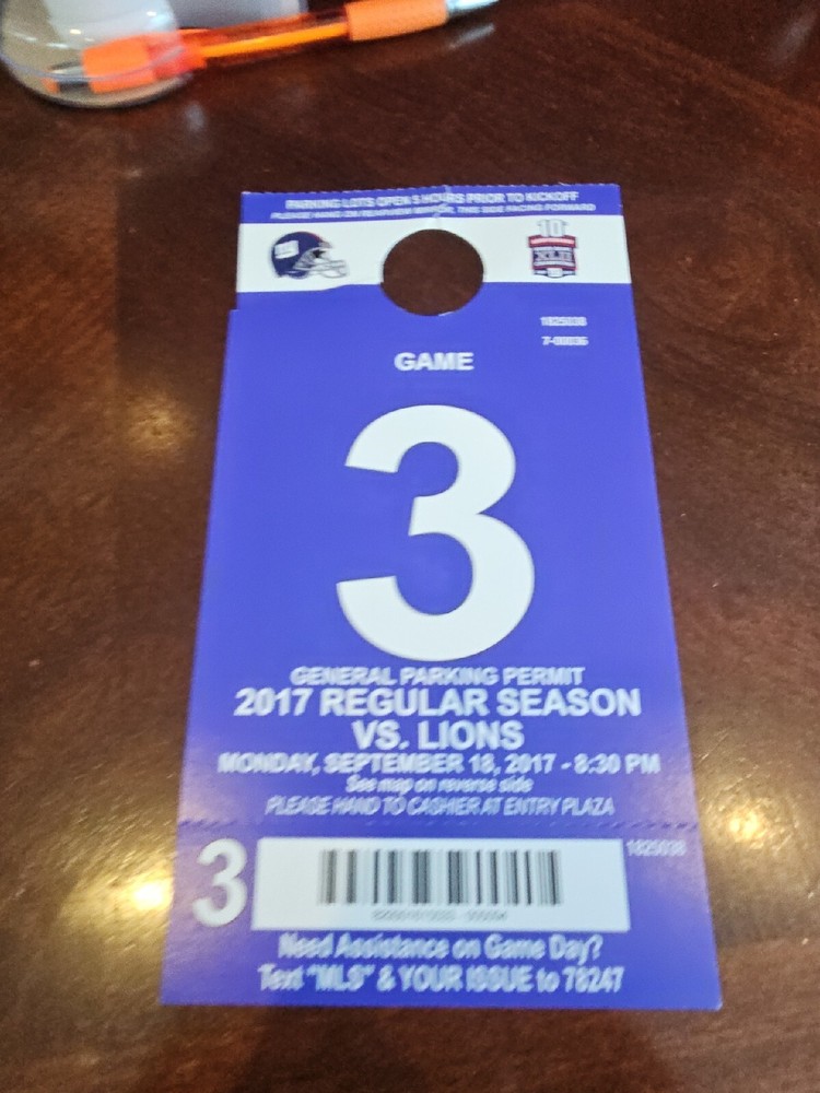 new york giants parking pass 2017 season stub permit game stub Detroit Lions