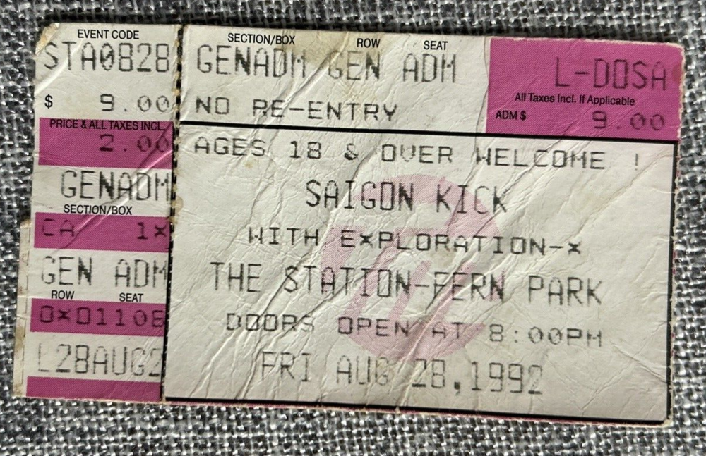 Vintage Saigon Kick With Exploration-X Concert Ticket Stub The Station 8/28/92