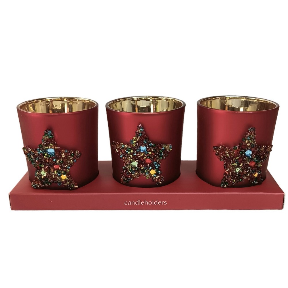Red Frosted Glass Star Bead Candleholders Set of 3 by Pier One