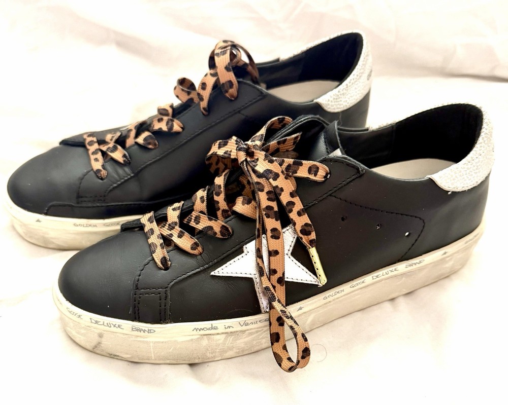 Golden Goose Hi Star Black Leopard Print Sneakers with White Star