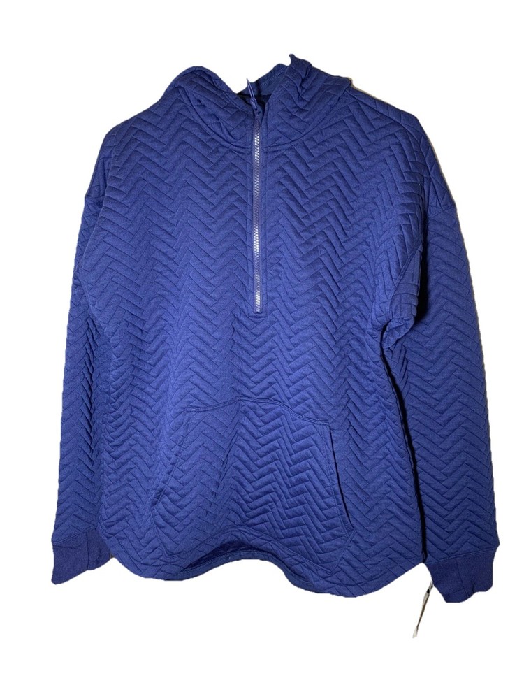 Ideology Relaxed Quilted Quarter-Zip Hoodie Medium Tartan Blue Pockets