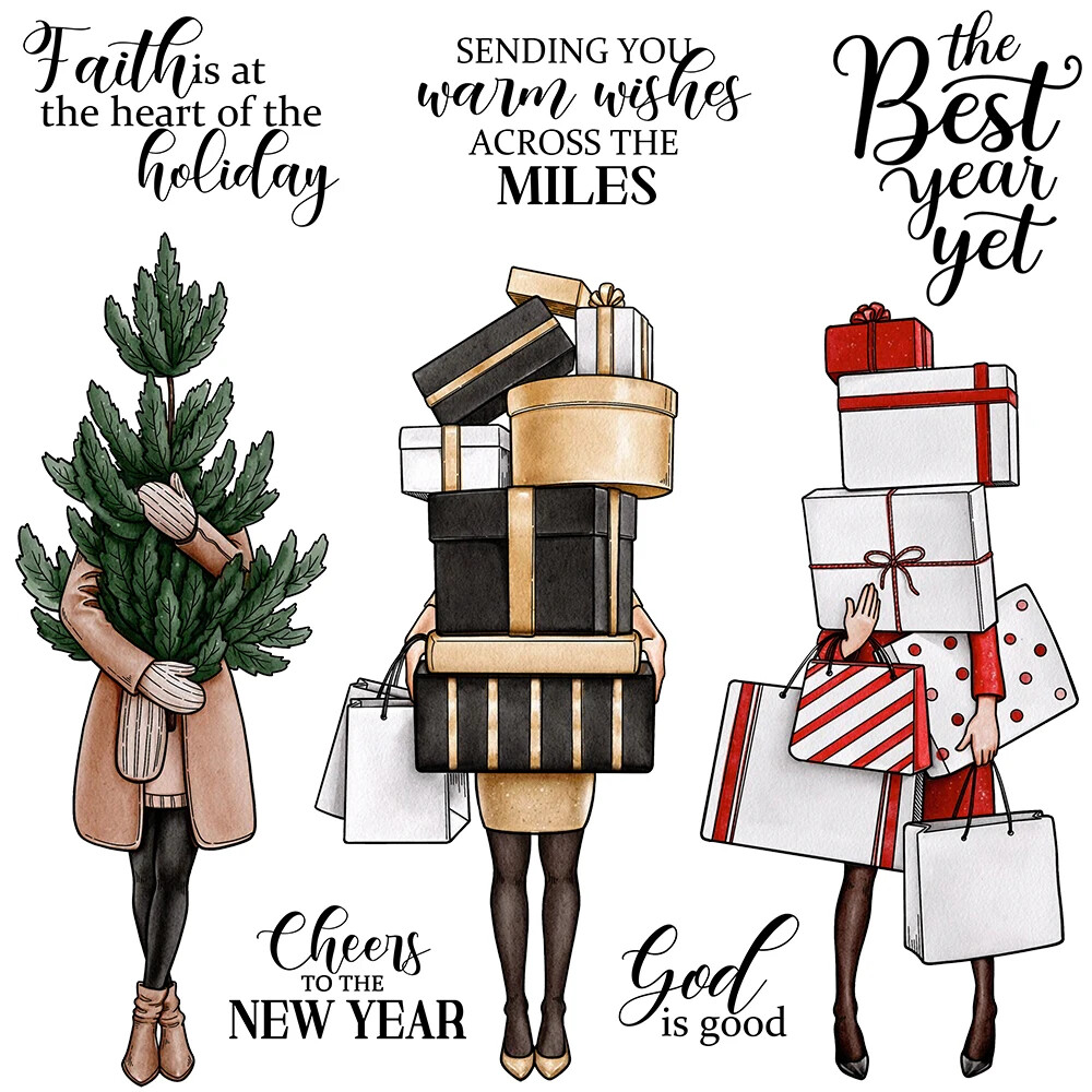 Christmas Shopping Woman Gifts Tree God Is Good Cheers New Year Clear Stamps-image