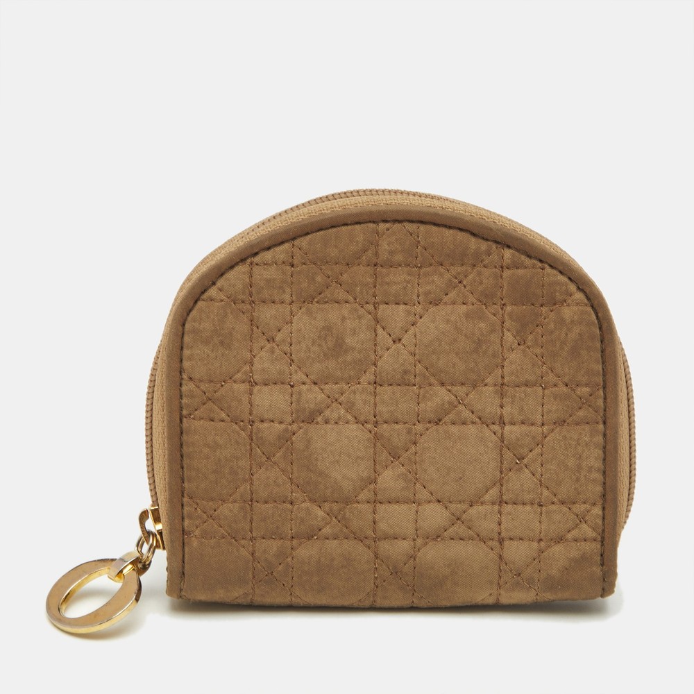Dior Beige Cannage Zip Around Coin Purse with Fabric Detail