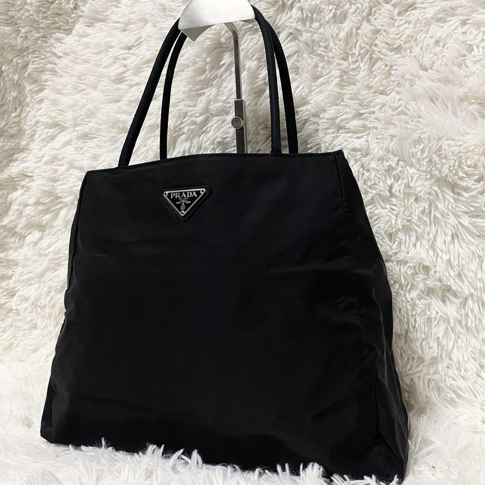 Prada Black Nylon Triangle Logo Tote Bag 3-Layer Excellent Condition From Japan
