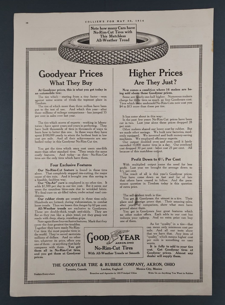 1914 Goodyear Tires Original Vintage Print Ad 
