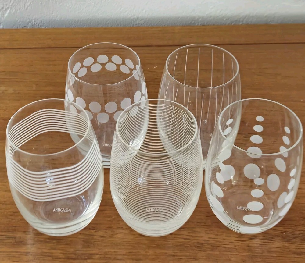 Mikasa CHEERS 17oz Stemless Dots Stripes Crystal Wine Beverage Glasses Set Of 5