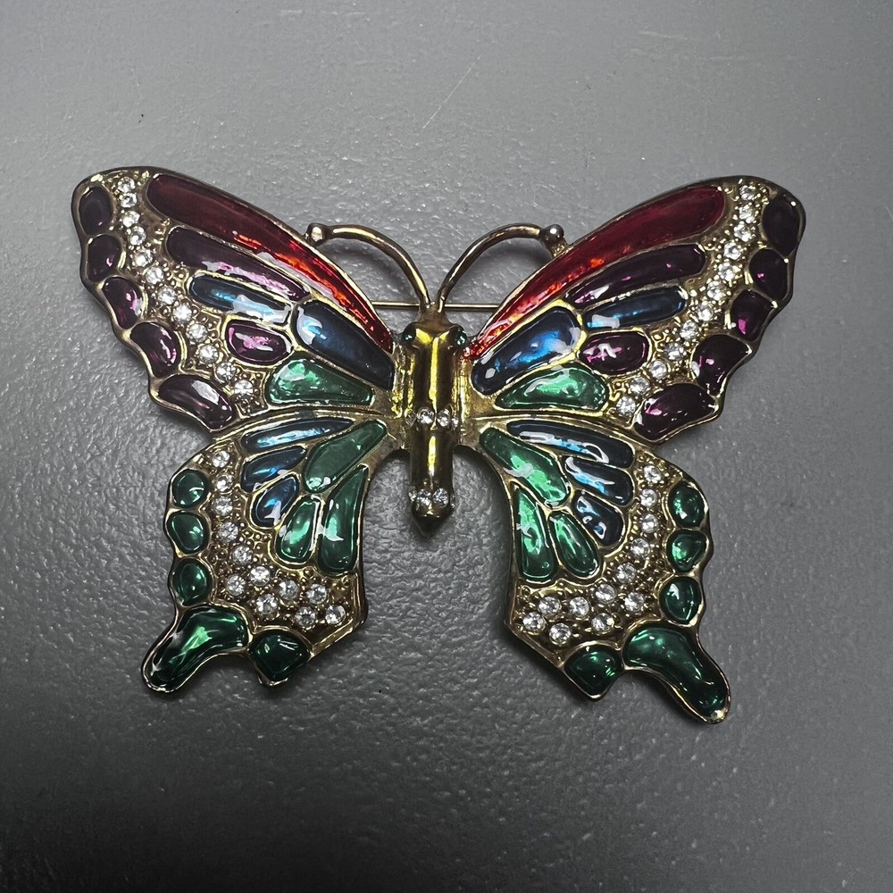 Vintage Gold Tone Metal Multicolor Enamel Clear Rhinestone Butterfly Brooch Pin