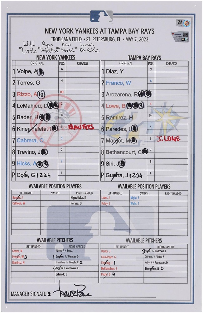 New York Yankees Game-Used Lineup Card vs. Tampa Bay Rays on May 7, 2023