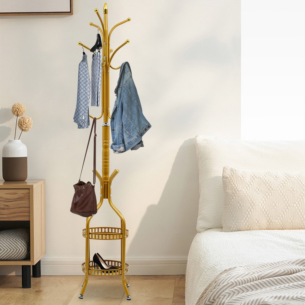 Double-Layer Freestanding Coat Rack with Multifunctional Storage Hanger Stand-image