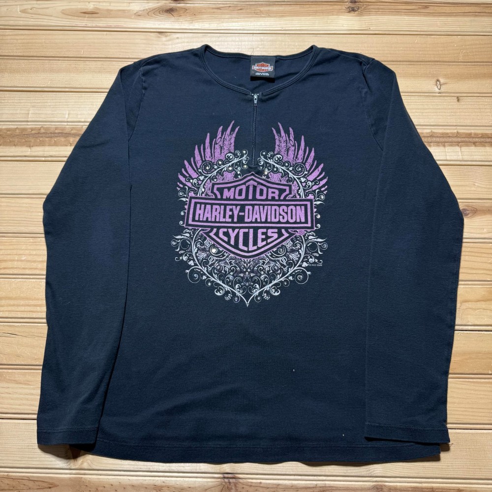 Y2K Harley Davidson Villa Park Illinois Big Logo 1/4 Zip Biker Shirt Women Large