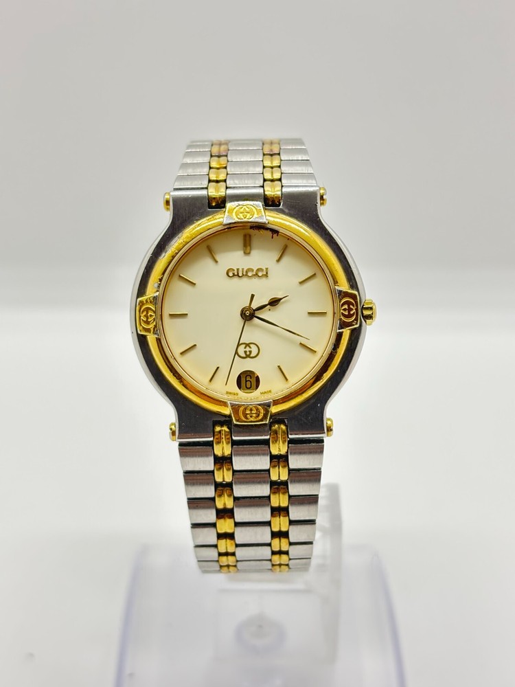 [Exc+5] GUCCI 9000M White GOLD SILVER DATE Quartz Men's VINTAGE Working Used F/S