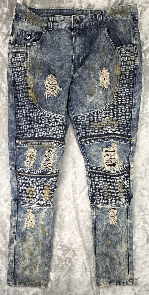 DNM Collection Original Men's Moto Denim Jeans Sz 34 Wash Distress Grunge Skate
