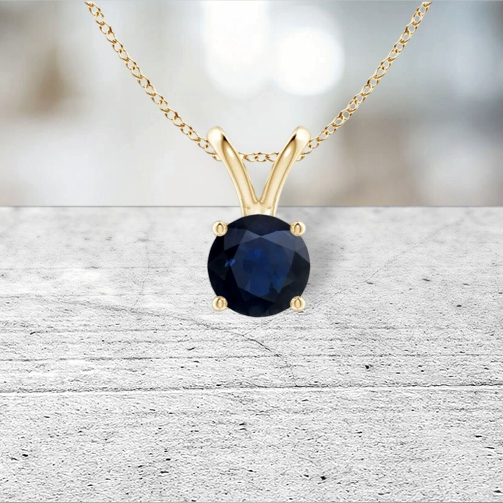 Genuine Sapphire Solitaire Pendant Necklace  -Yellow Gold Plated Sterling Silver
