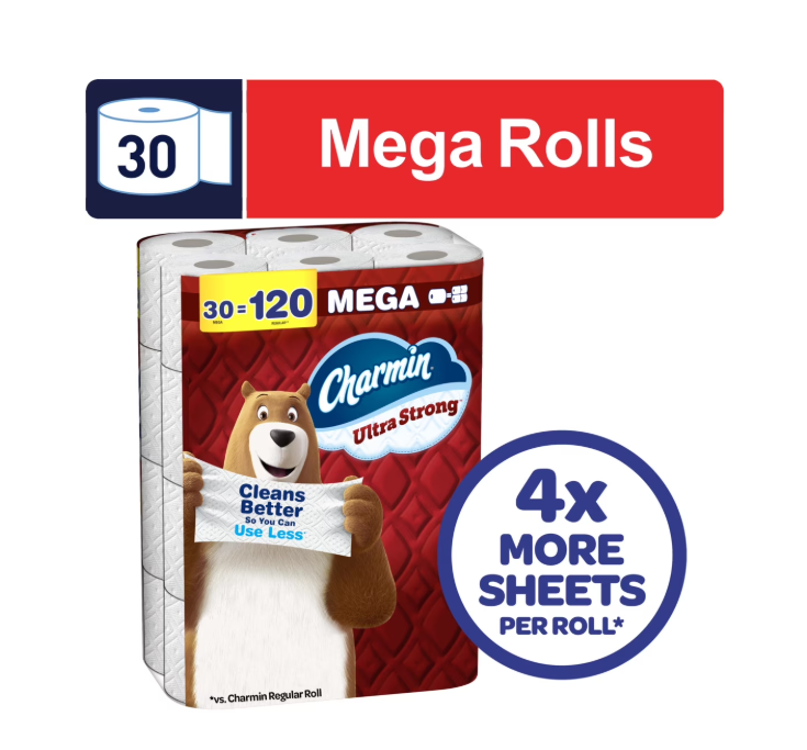 Charmin Ultra Strong Toilet Paper, 30 Mega Rolls, 220 Sheets