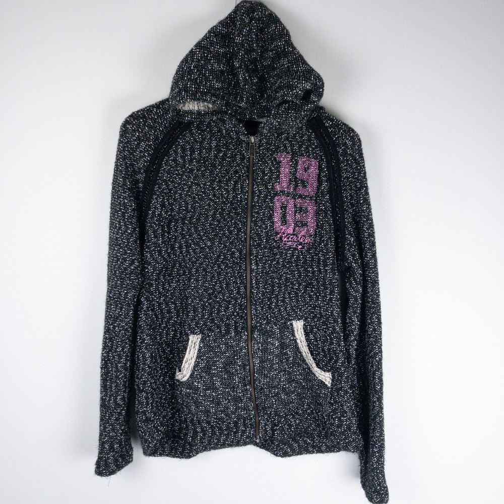 Harley Davidson Womens XL Black Tweed Knit Skull Biker Hoodie with Chain