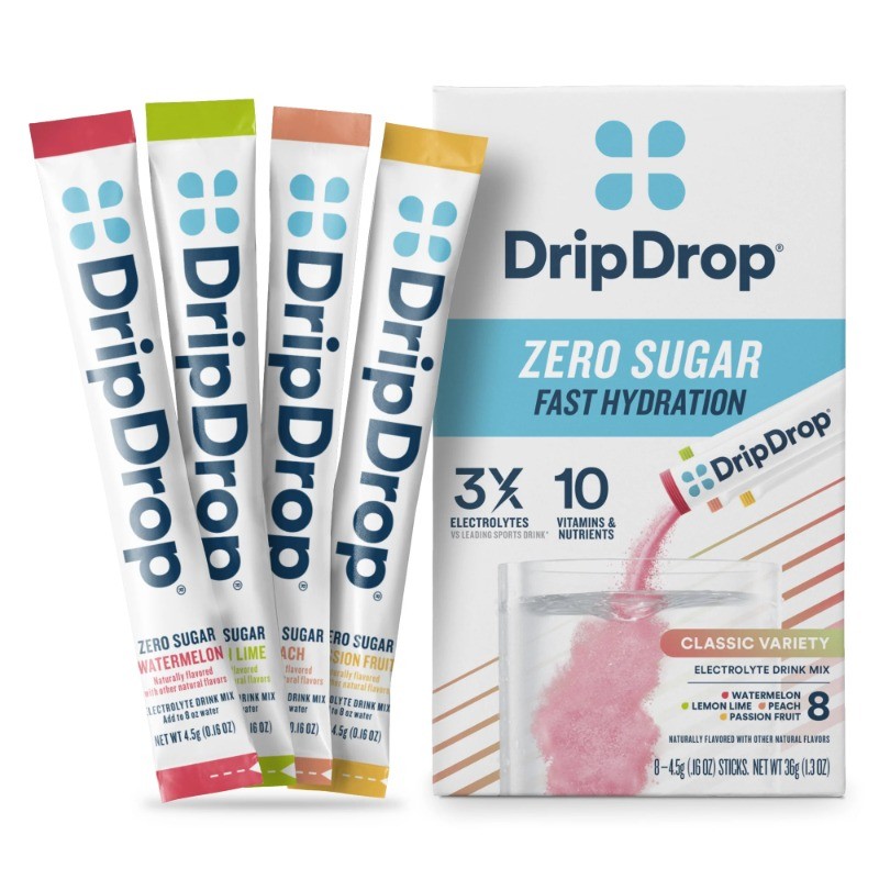 DripDrop Zero Sugar Fast Hydration Electrolyte Powder Drink Mix 8 Count Fruit Flavors
