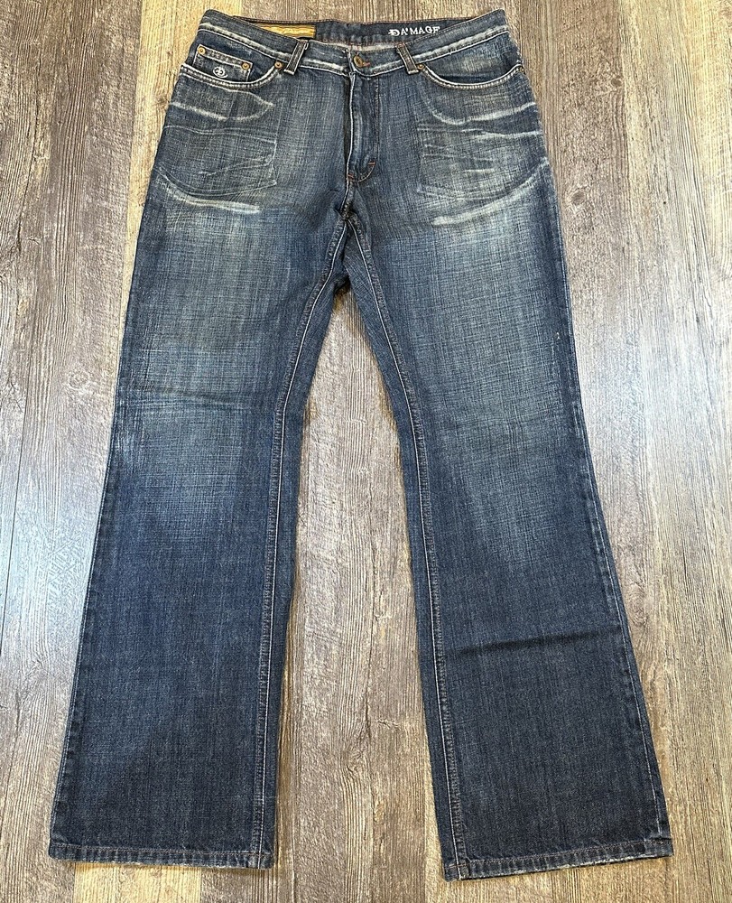 Y2K Emcee Baggy Denim Jeans Green Stitch Dark Wash Streetwear 90s Mens 30x28