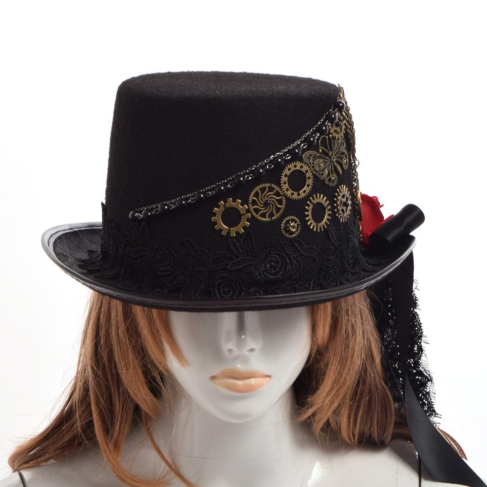 New Retro Steampunk Lace Decoration Black Bow Ribbon Top Hat Party Dress Hat