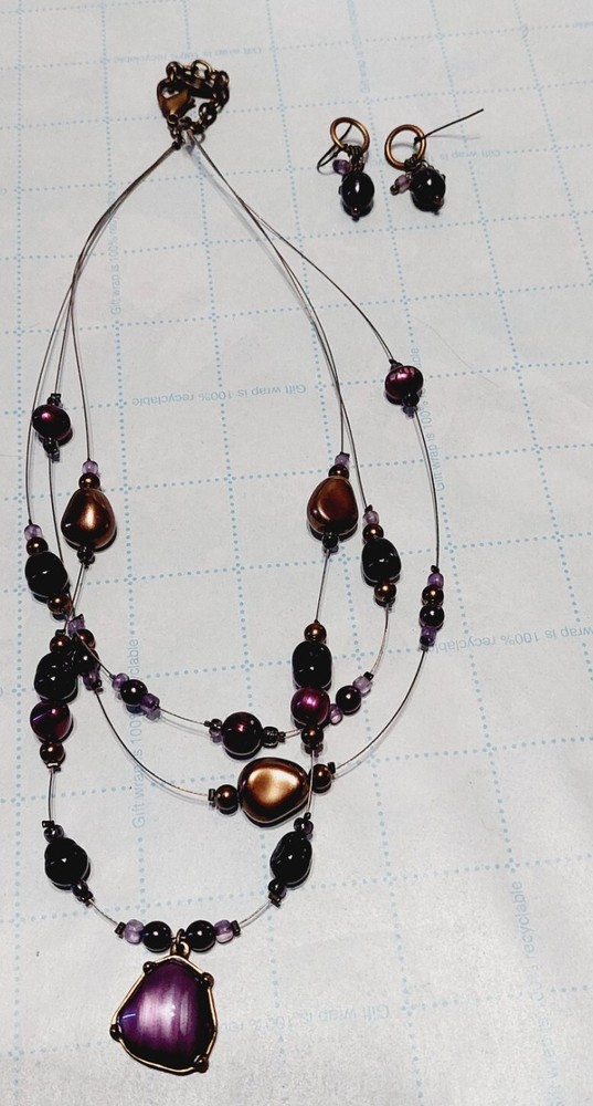 Coldwater Creek Necklace & Earrings Purple Bronze Beads Multi Strand Jewelry