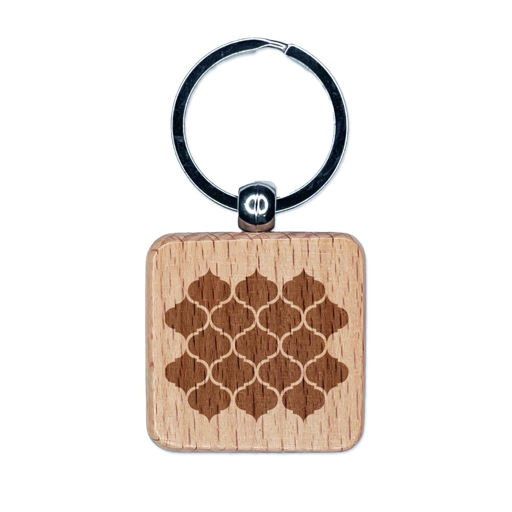 Engraved Wood Square Keychain with Quatrefoil Pattern Charm