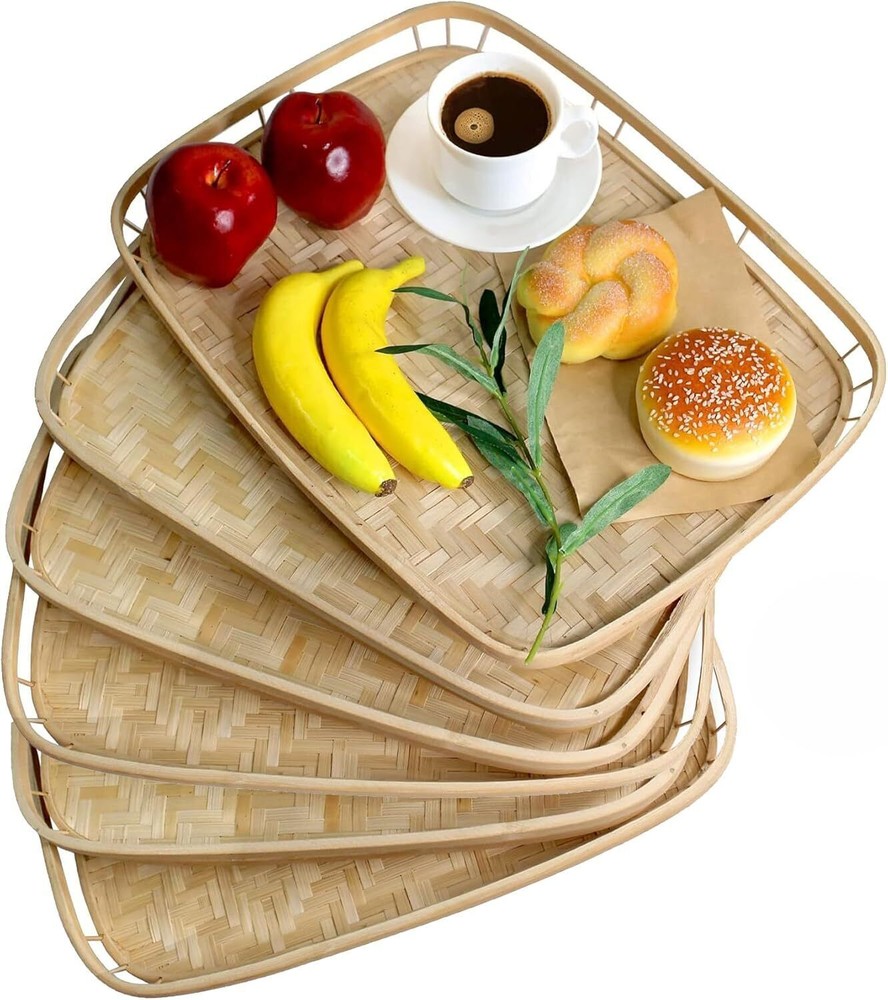 Set of 6 Bamboo Wicker Serving Trays for Foods and Drinks