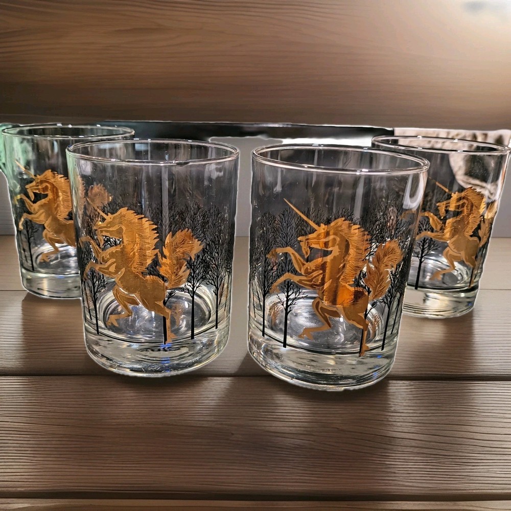 Otagiri 22K Gold Unicorn Lowball Whiskey Glasses Set Of 4 1970s  12 oz