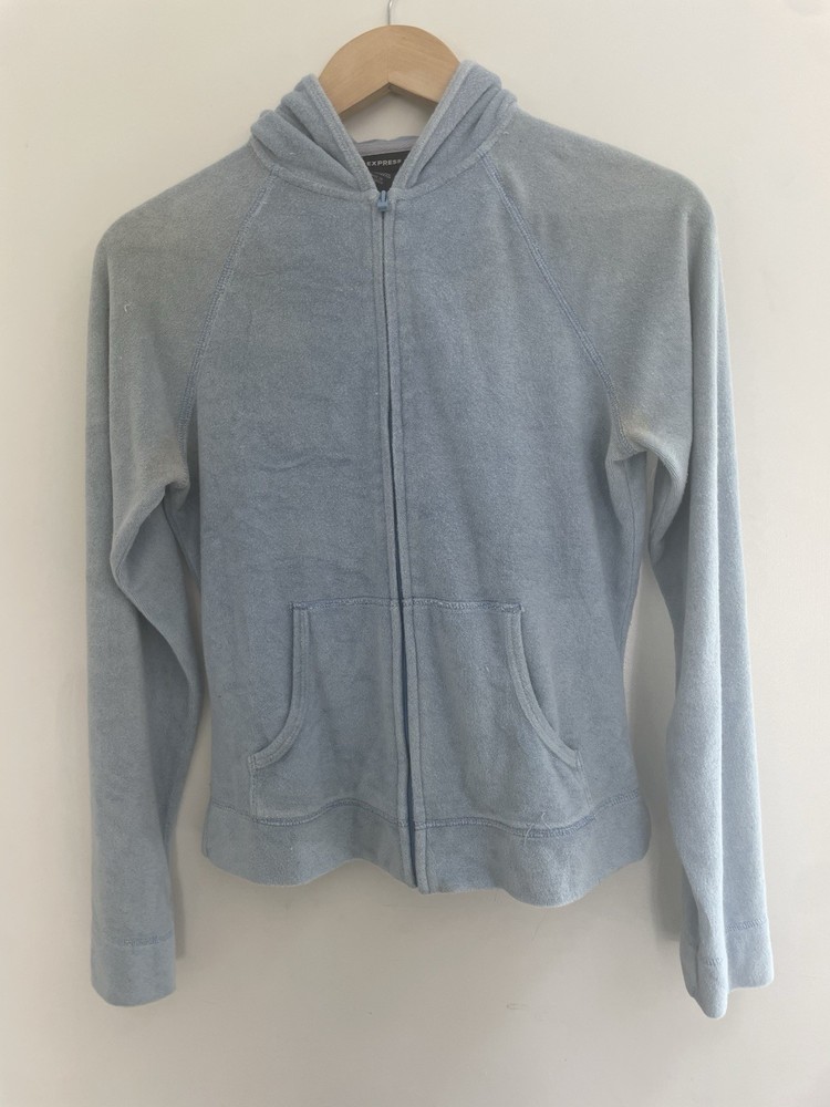 Express Women Solid Blue French Terry Cotton Blend Full-Zip Long Sleeve Hoodie M