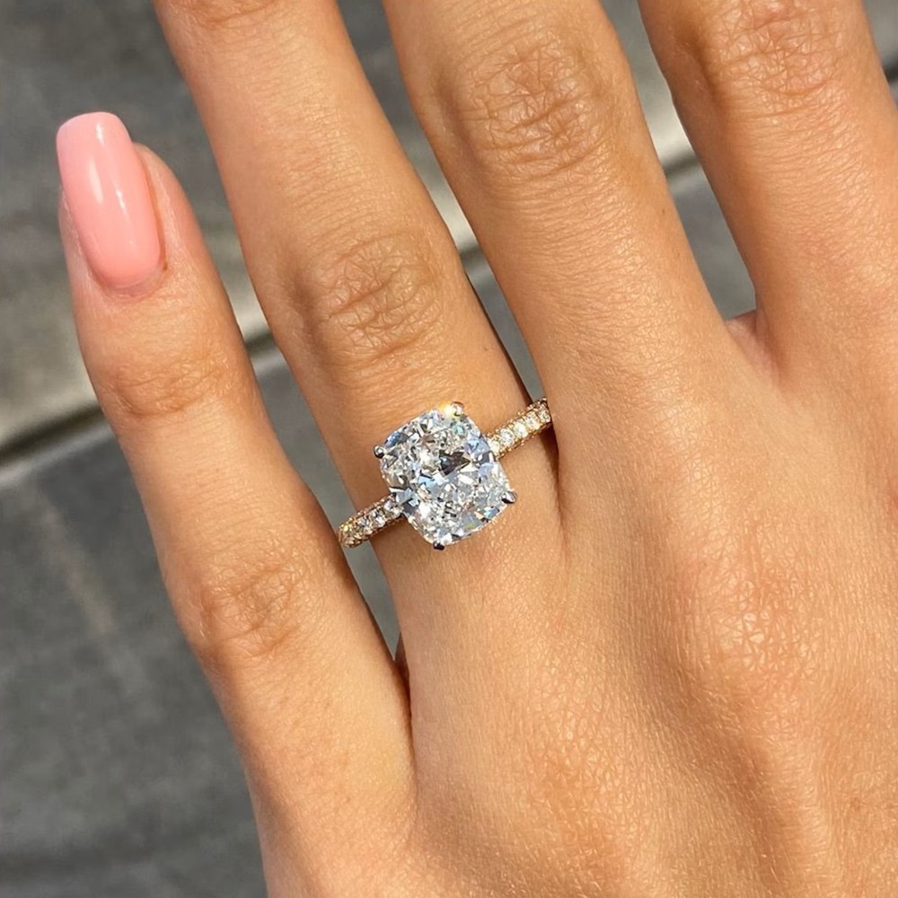 14k Multi Tone Gold Diamond Ring Lab Grown 3 Carat IGI E F VVS2 Cushion Cut