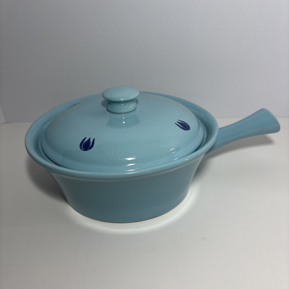 VTG ✅ MCM Pottery Blue W/Tulip Pattern Bean Pot W/handle & Spout Made In USA