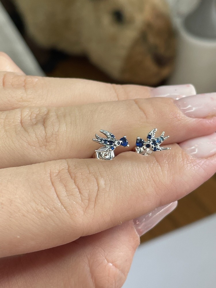 Pandora 925 Sterling Silver Sparkling Swallow Stud Earrings Blue CZ